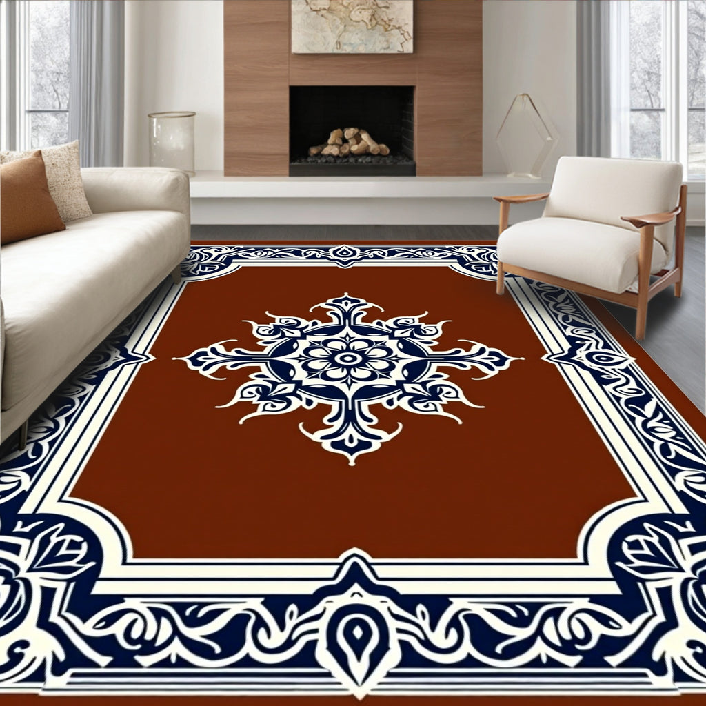 Rich Brown Floral Medallion Frame Rug