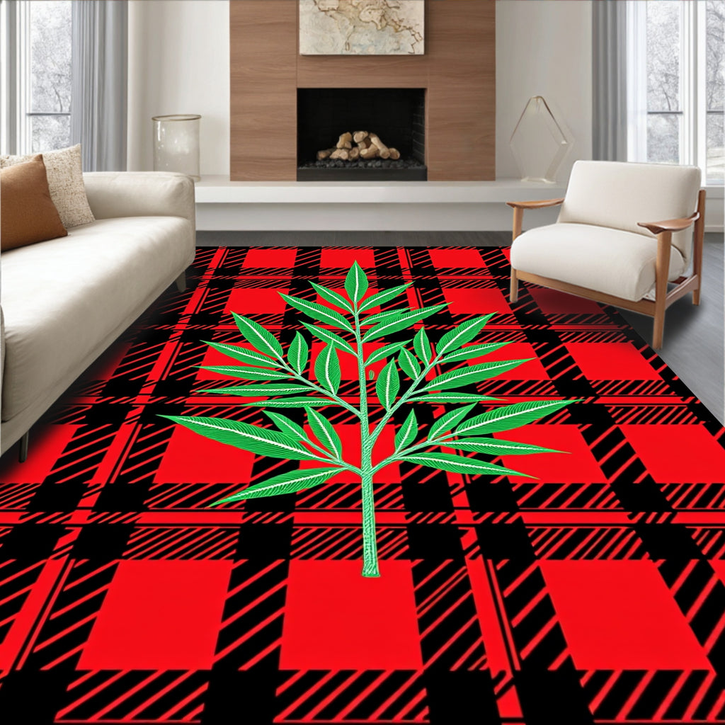 Red Black Plaid Green Leaf Branch Rug