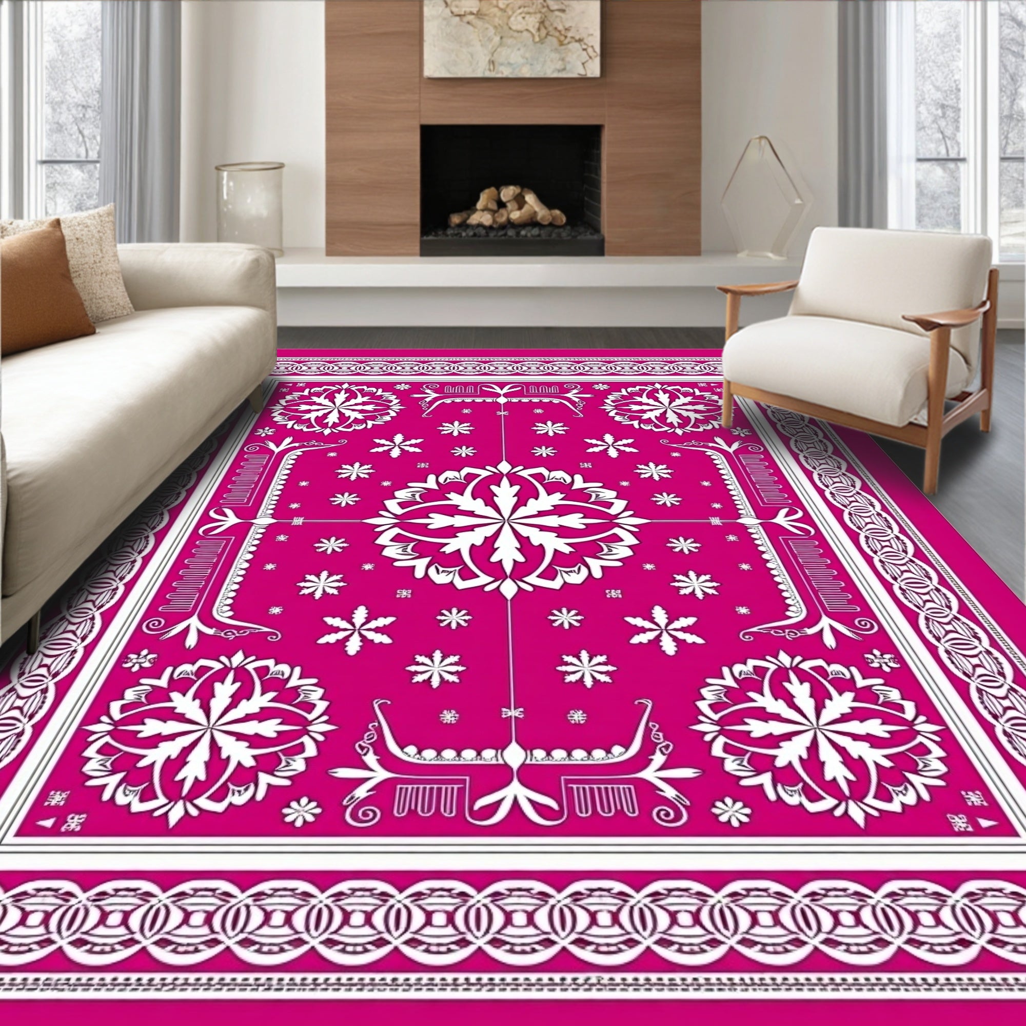 Vibrant Hot Pink White Floral Medallion Rug