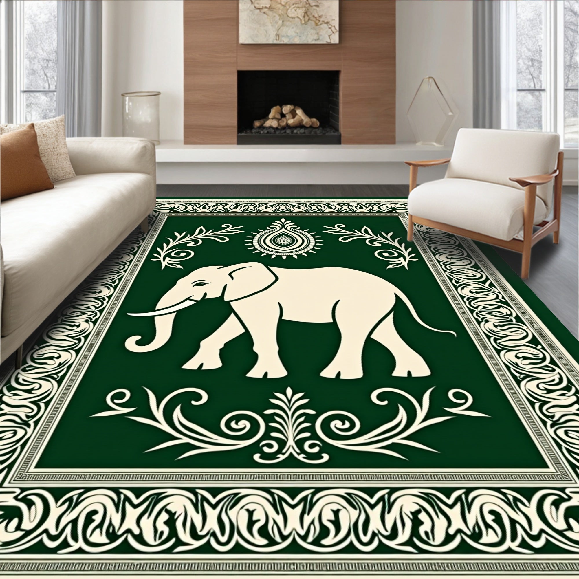 Cream Elephant Emerald Border Rug