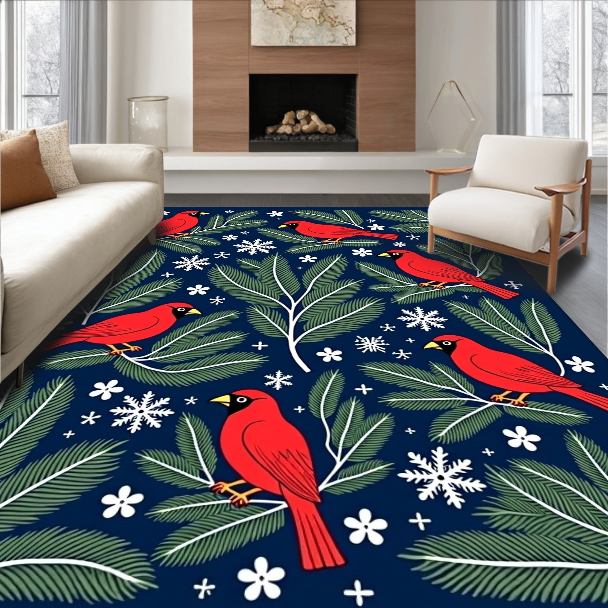 Red Cardinal Winter Branch Snowflake Rug