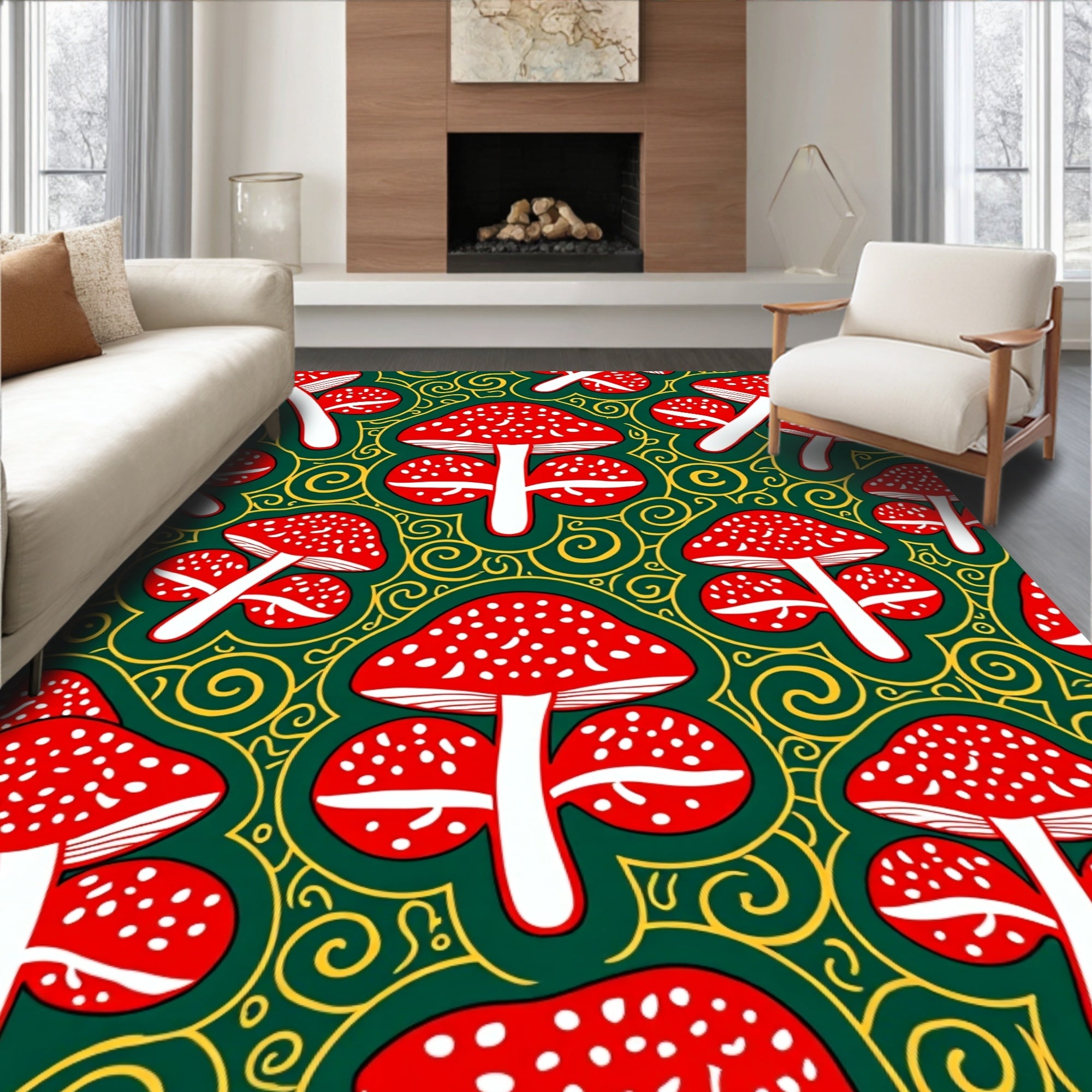 Red Mushroom Swirls Emerald Green Rug
