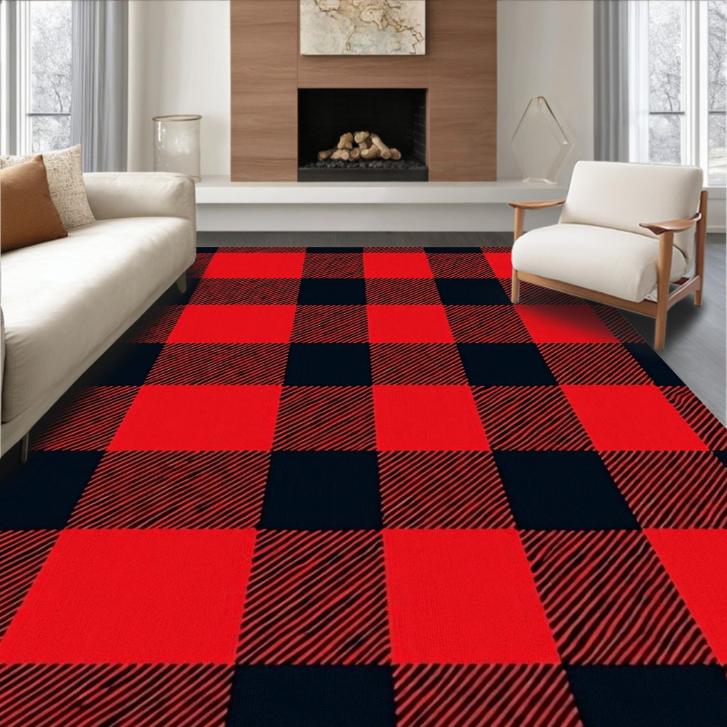 Crimson Black Plaid Squares Area Rug