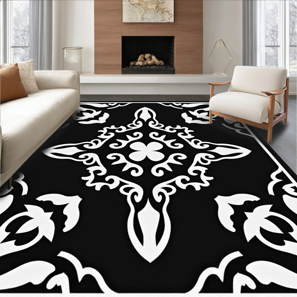 Black White Filigree Quatrefoil medallion Rug