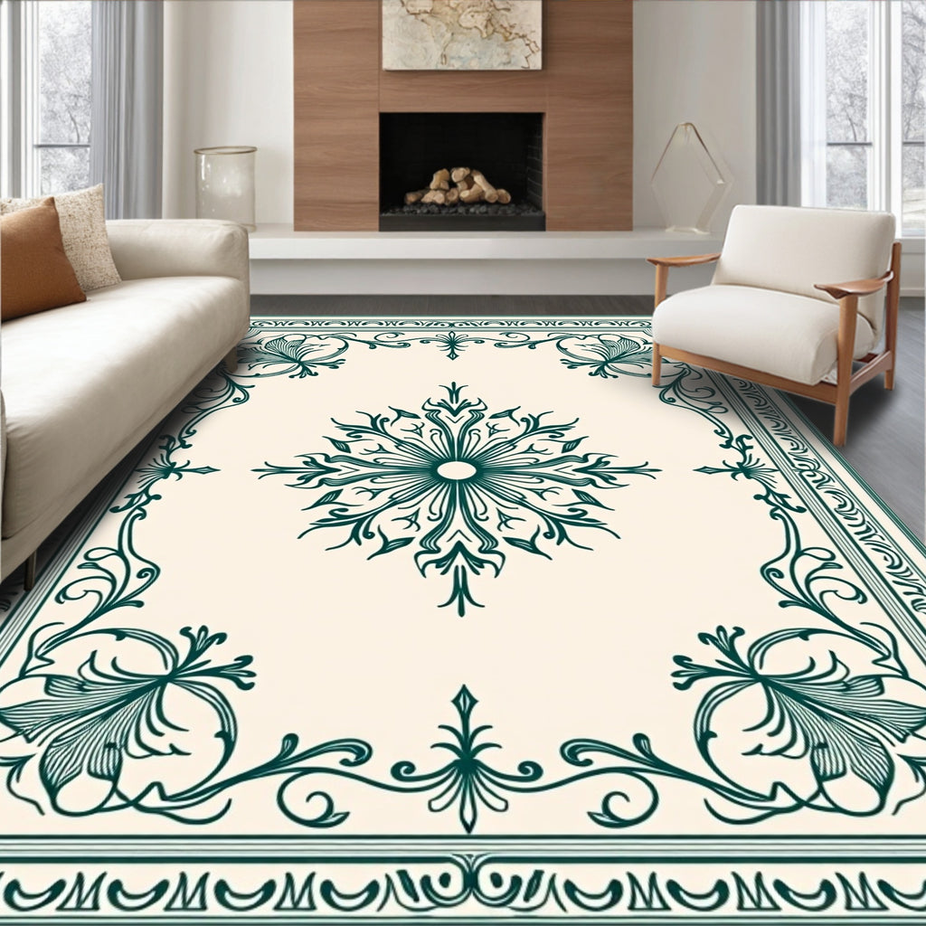 Dark Green Ornate Floral Medallion Rug