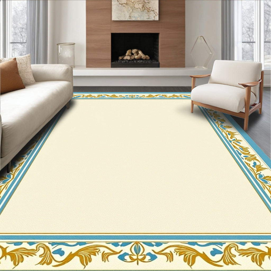 Ornate Teal Gold Leaf Border Rug
