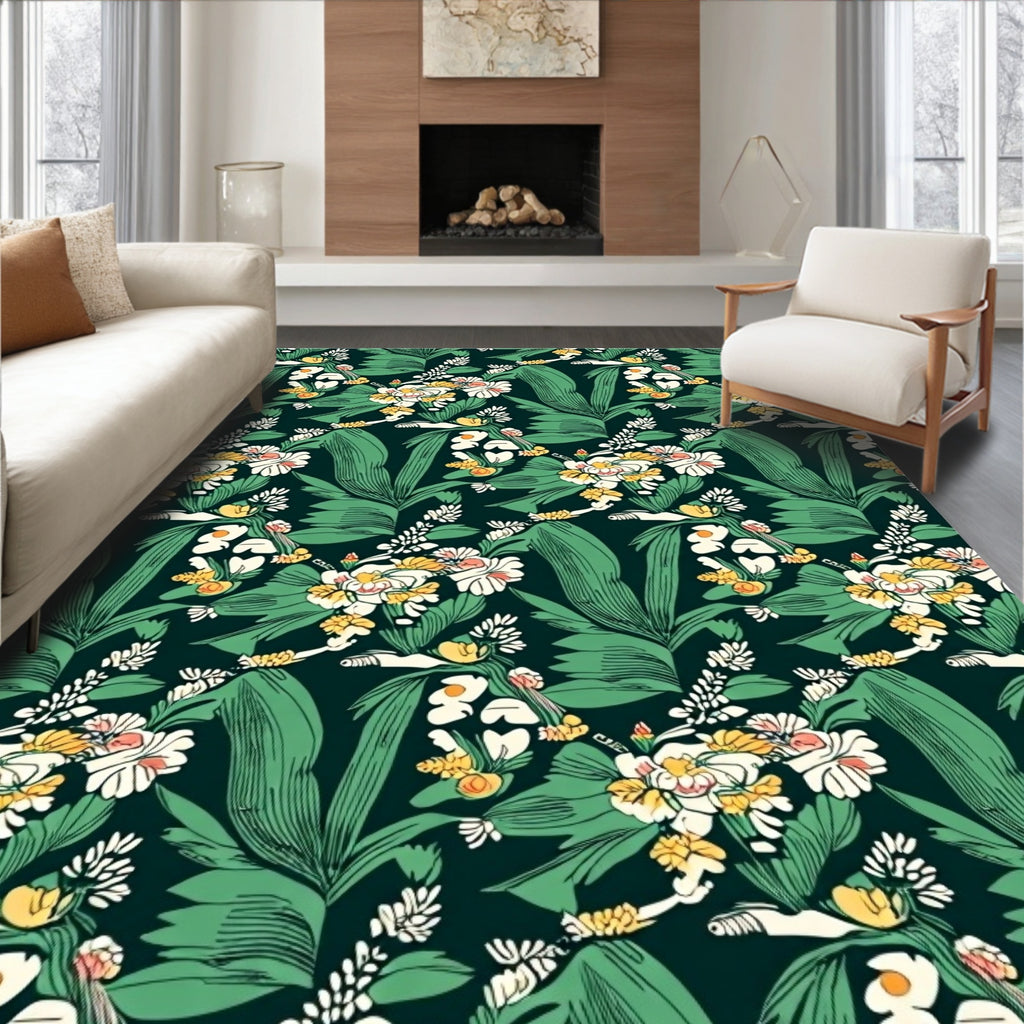 Emerald Lush Tropical Foliage and Blooms Rug