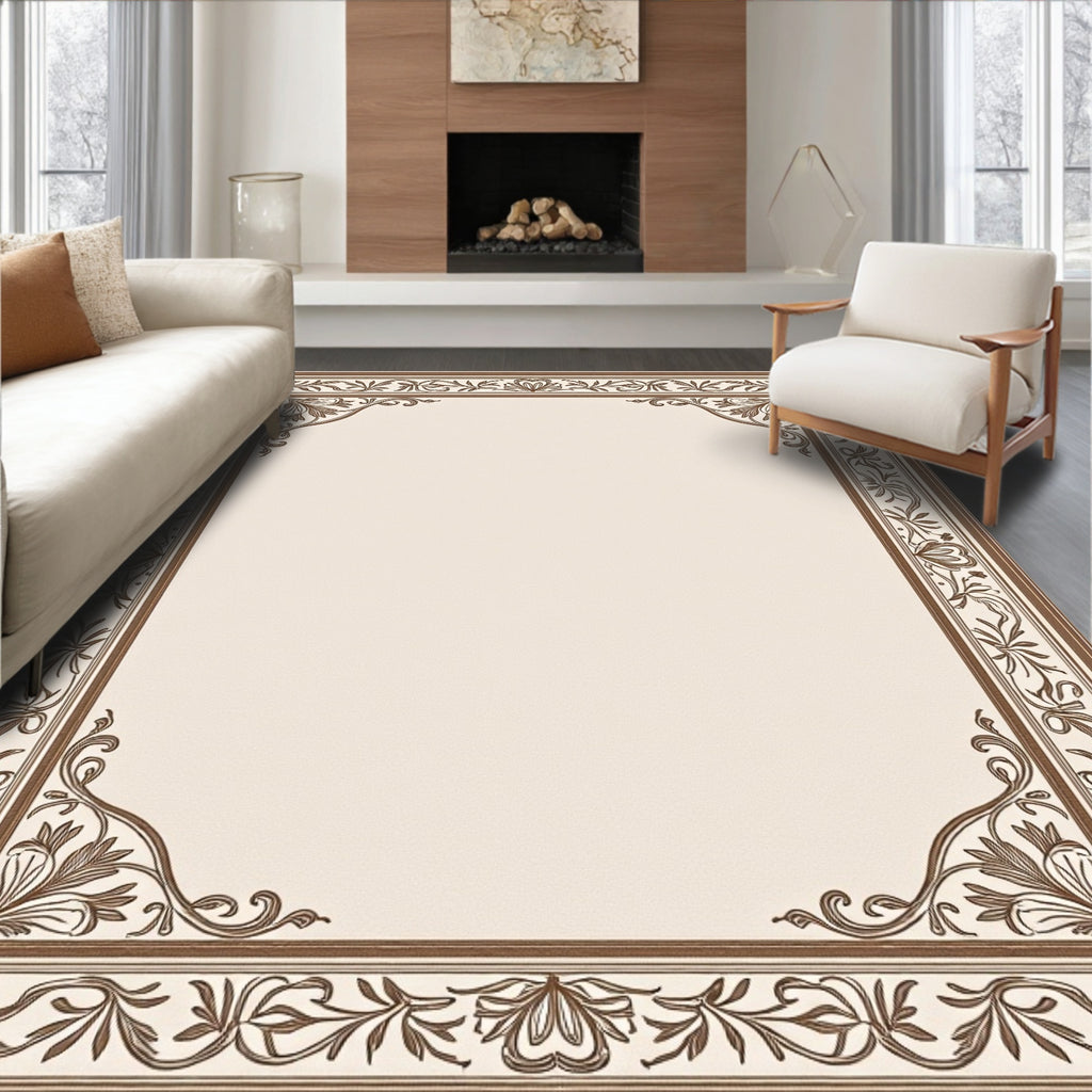 Brown Beige Floral Border Accent Rug