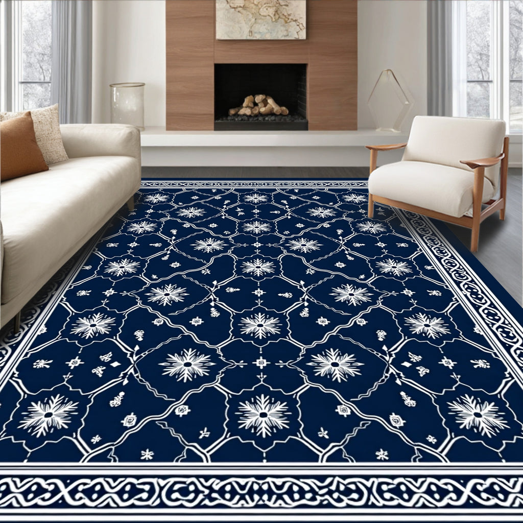 Deep Blue White Floral Medallion Border Rug