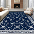 Deep Blue White Floral Medallion Border Rug