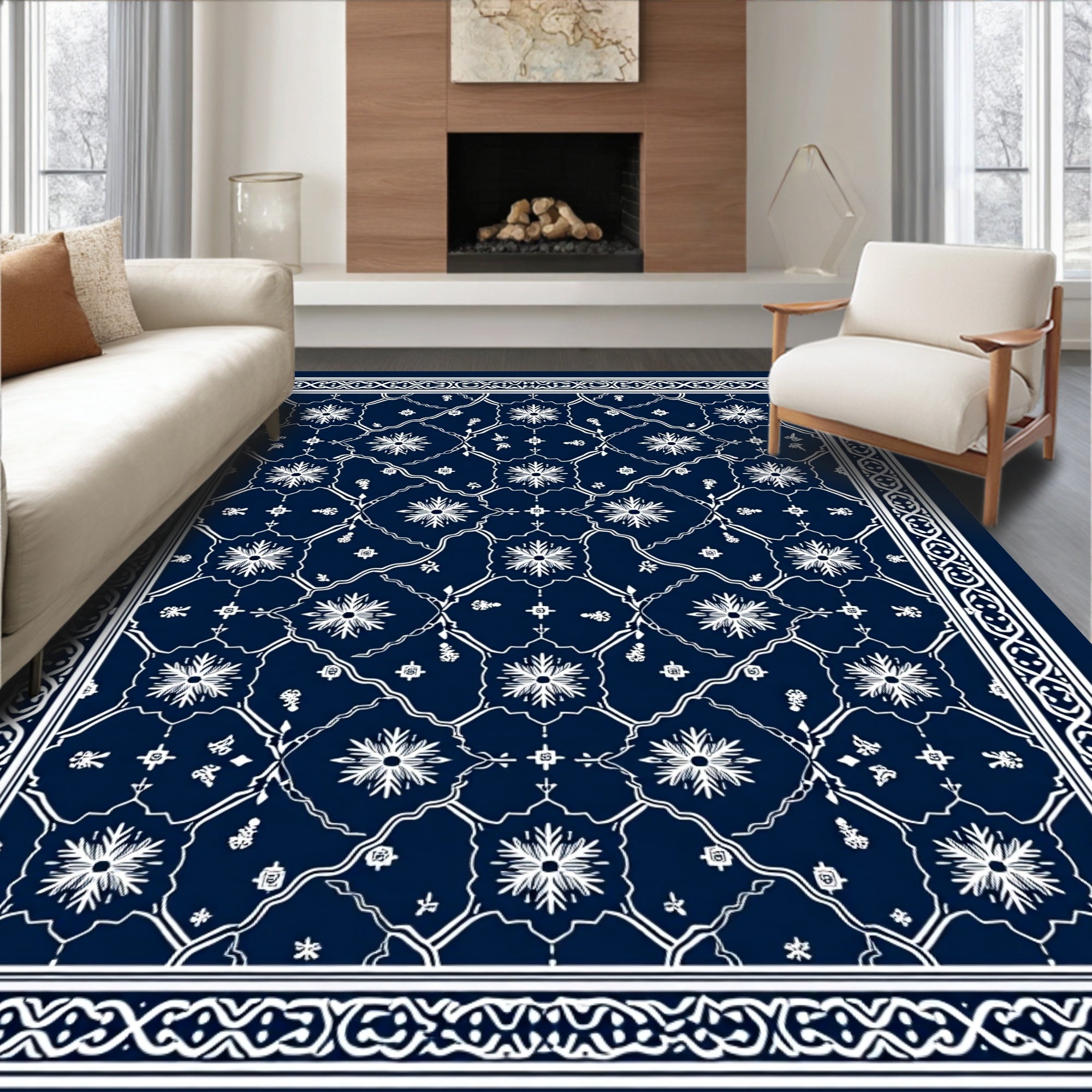 Deep Blue White Floral Medallion Border Rug