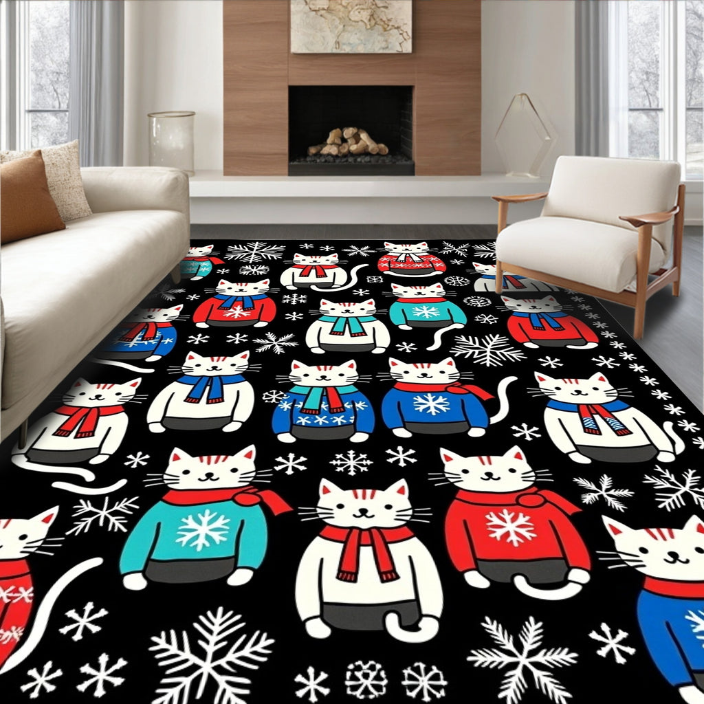 Whimsical Cats Snowflake Sweaters Black Rug