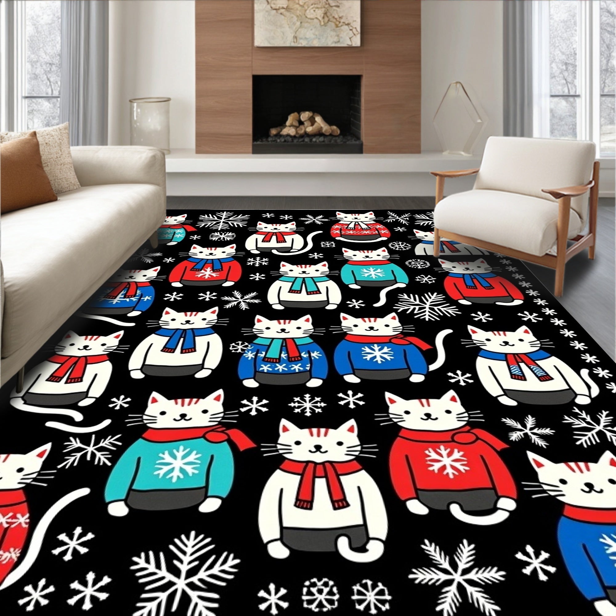 Whimsical Cats Snowflake Sweaters Black Rug