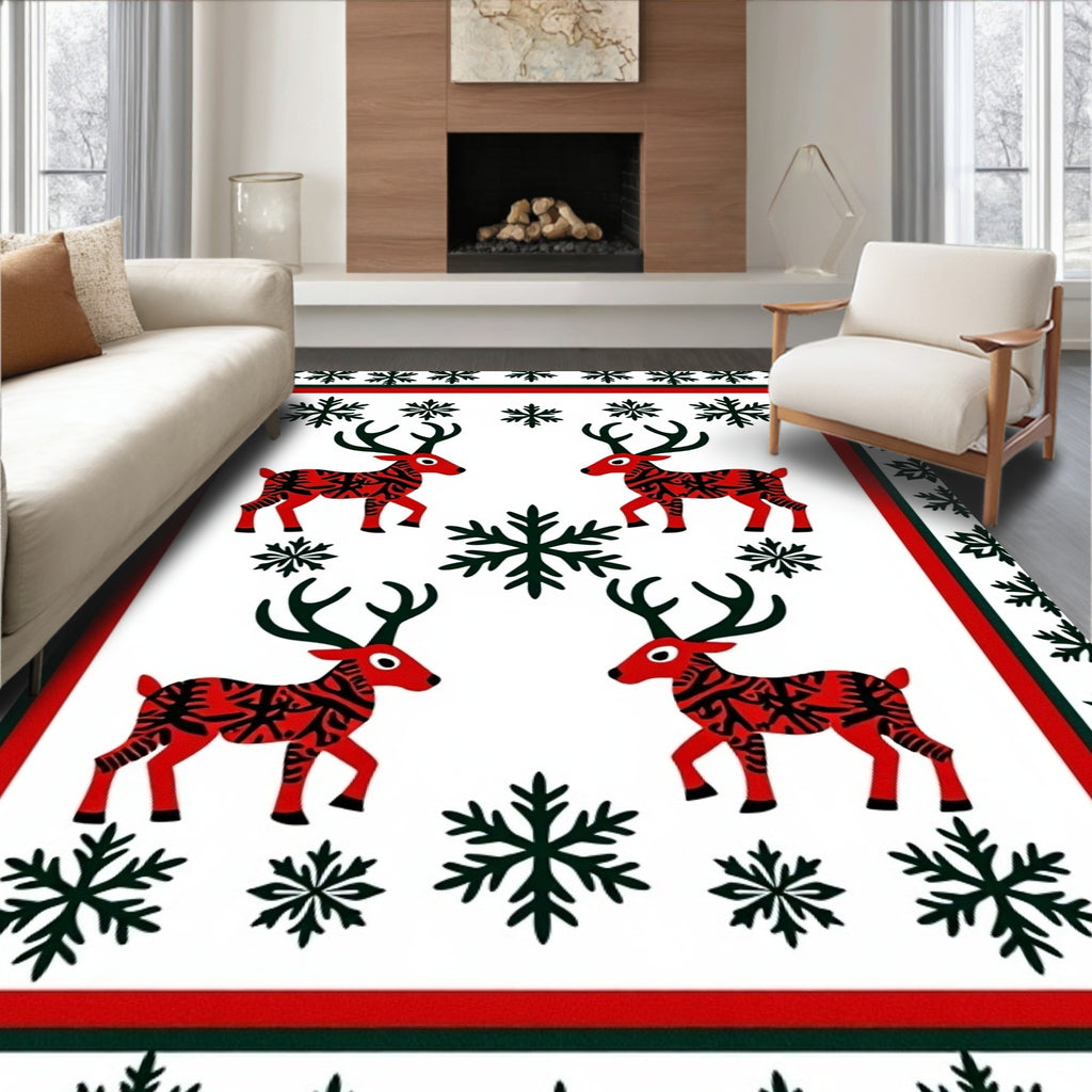 Red Reindeer Snowflake Holiday Border Rug