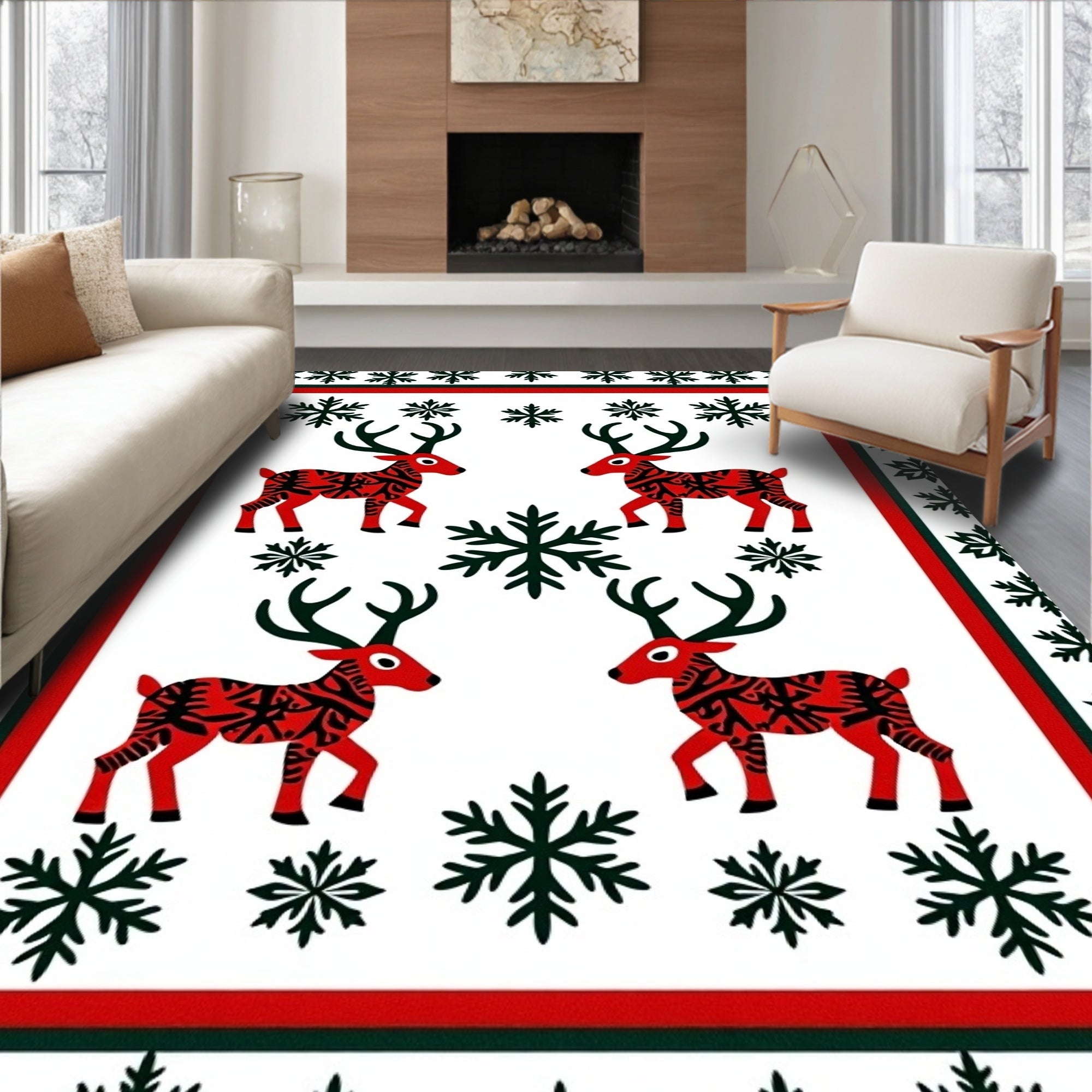 Red Reindeer Snowflake Holiday Border Rug