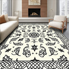 Ornate Black Ivory Scrollwork Medallion Rug
