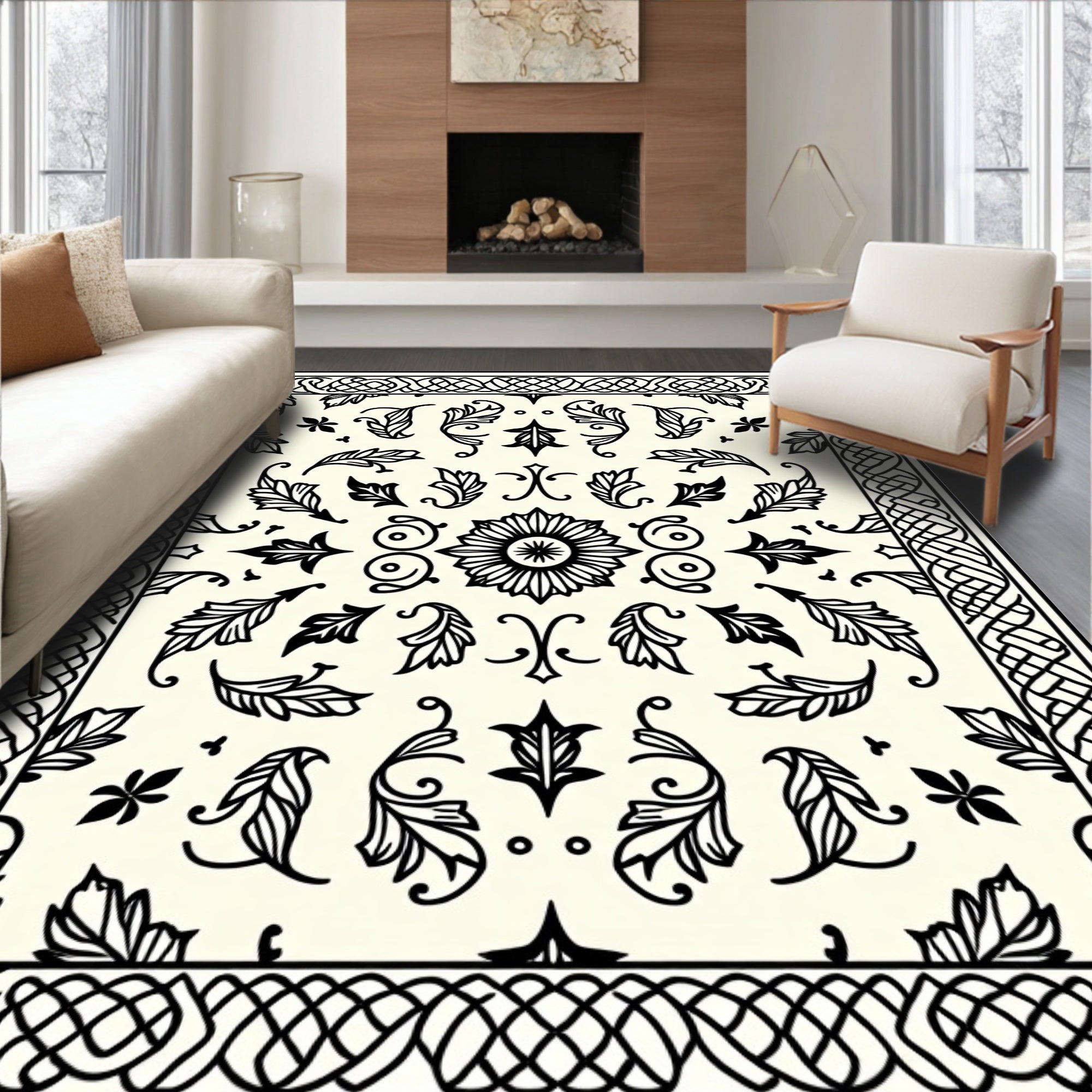 Ornate Black Ivory Scrollwork Medallion Rug