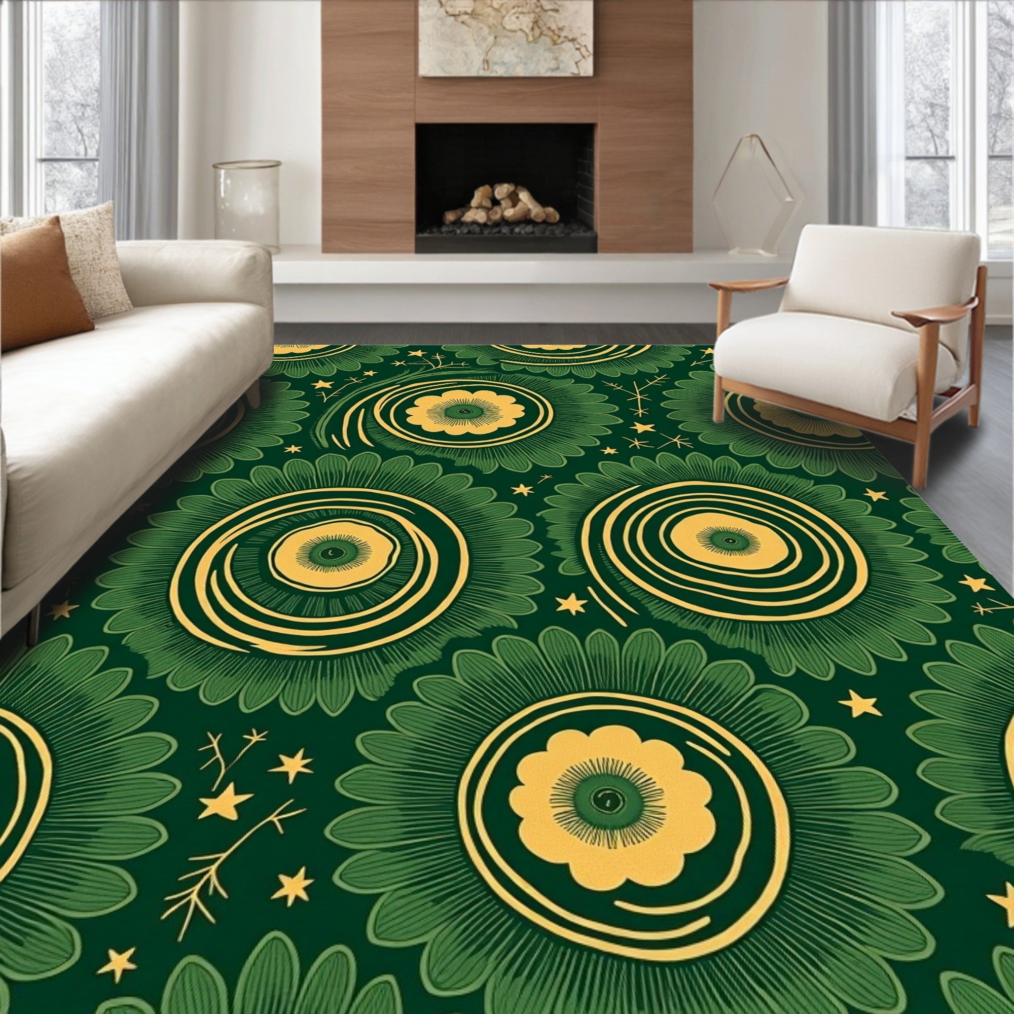 Emerald Green Yellow Floral Burst Rug
