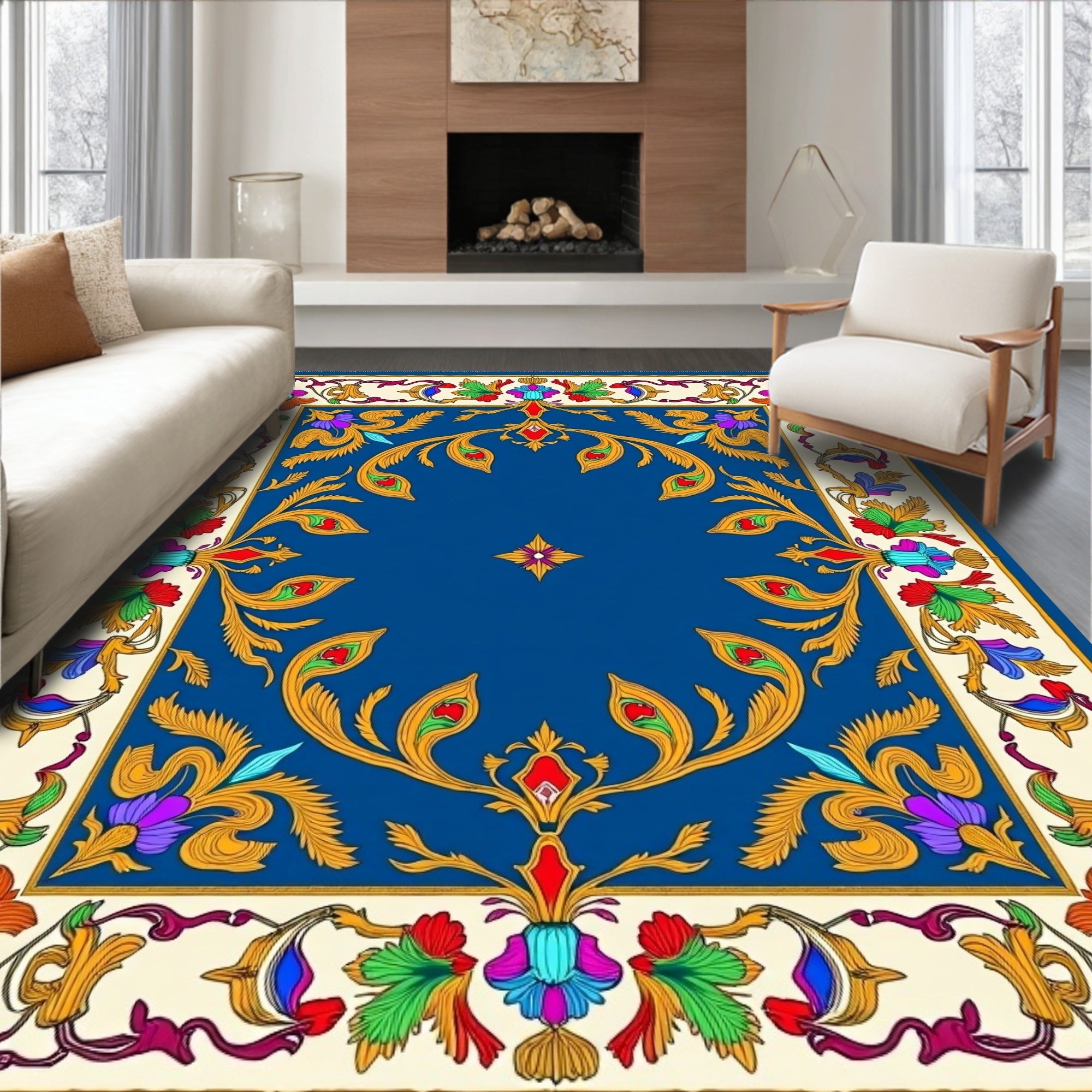 Ornate Blue Floral Scroll Medallion Rug