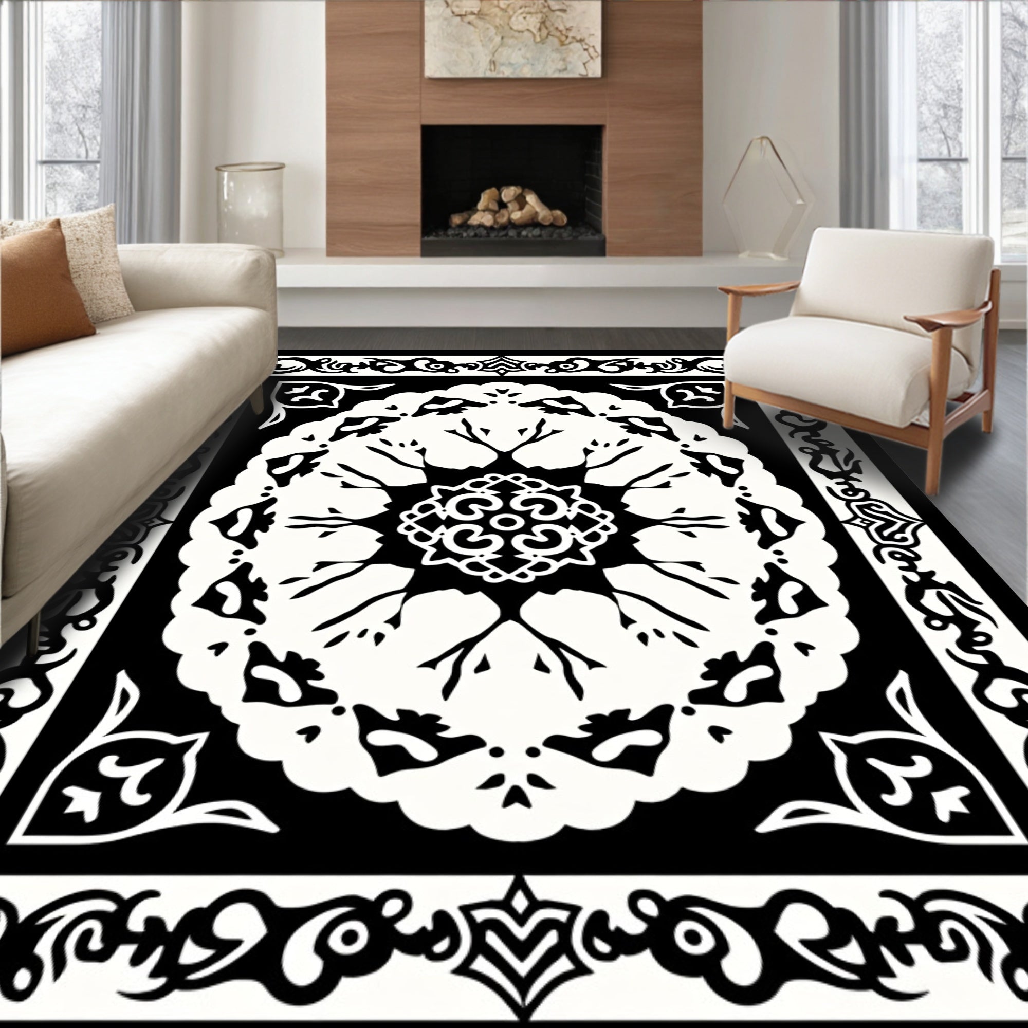 Black White Ornamental Tree Mandala Rug