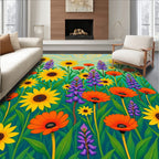 Vibrant Yellow Orange Purple Floral Swirls Rug