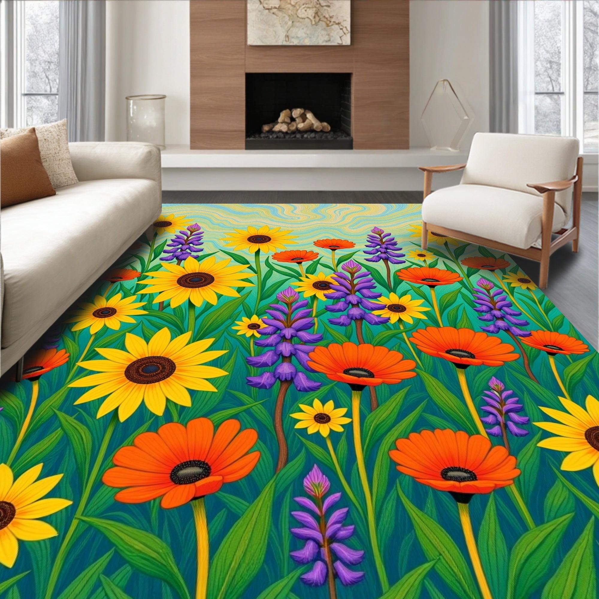 Vibrant Yellow Orange Purple Floral Swirls Rug
