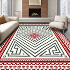 Red White Geometric Labyrinth Diamond Rug
