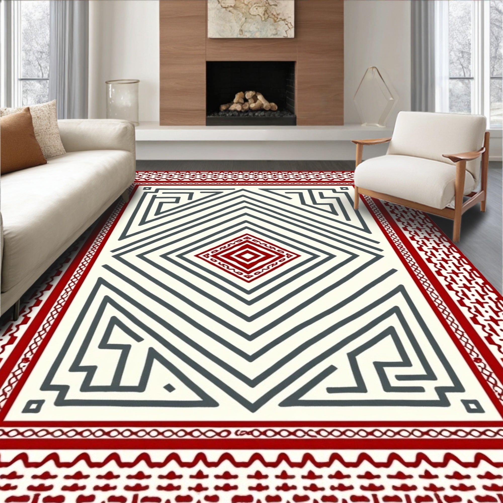 Red White Geometric Labyrinth Diamond Rug