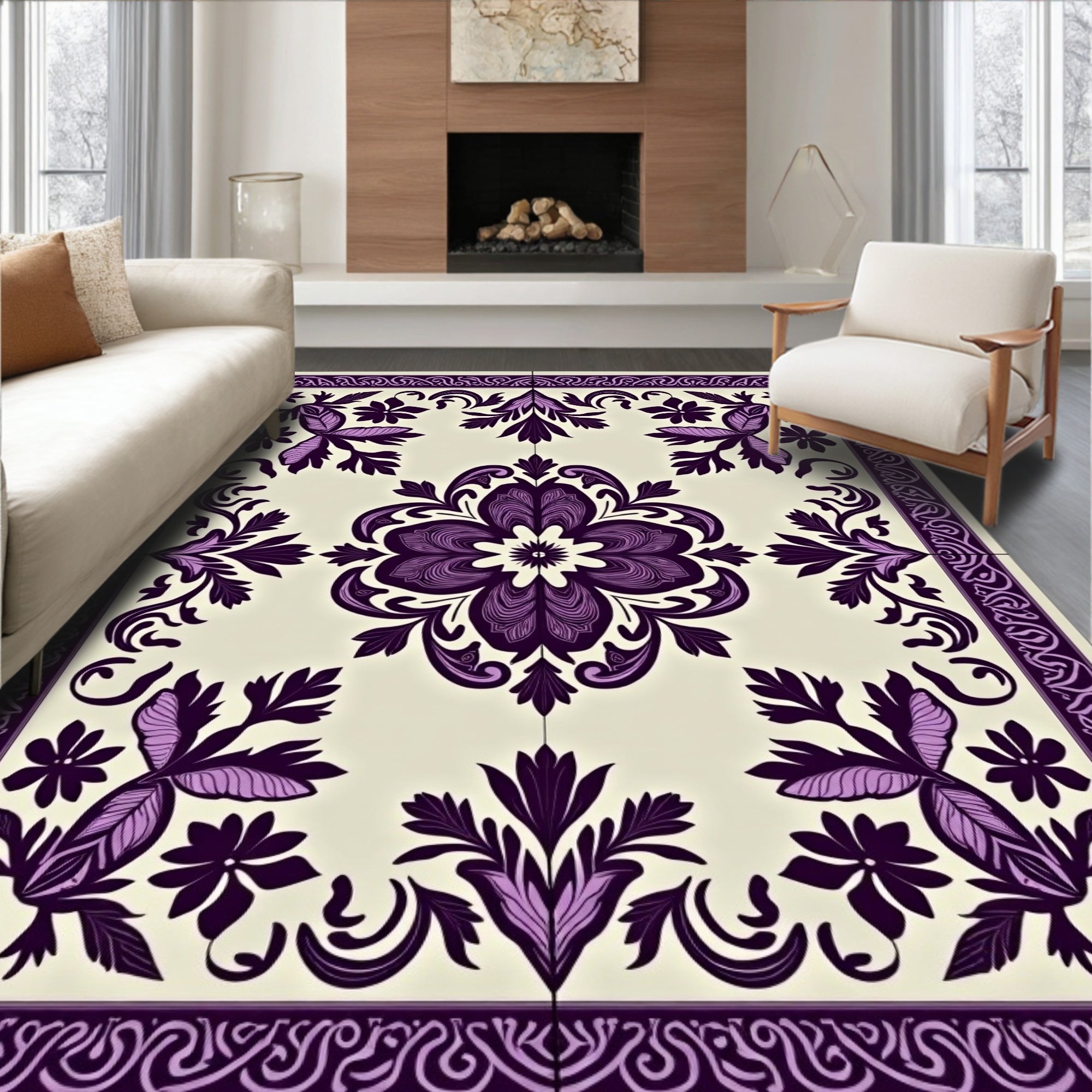 Rich Plum Floral Medallion Border Rug