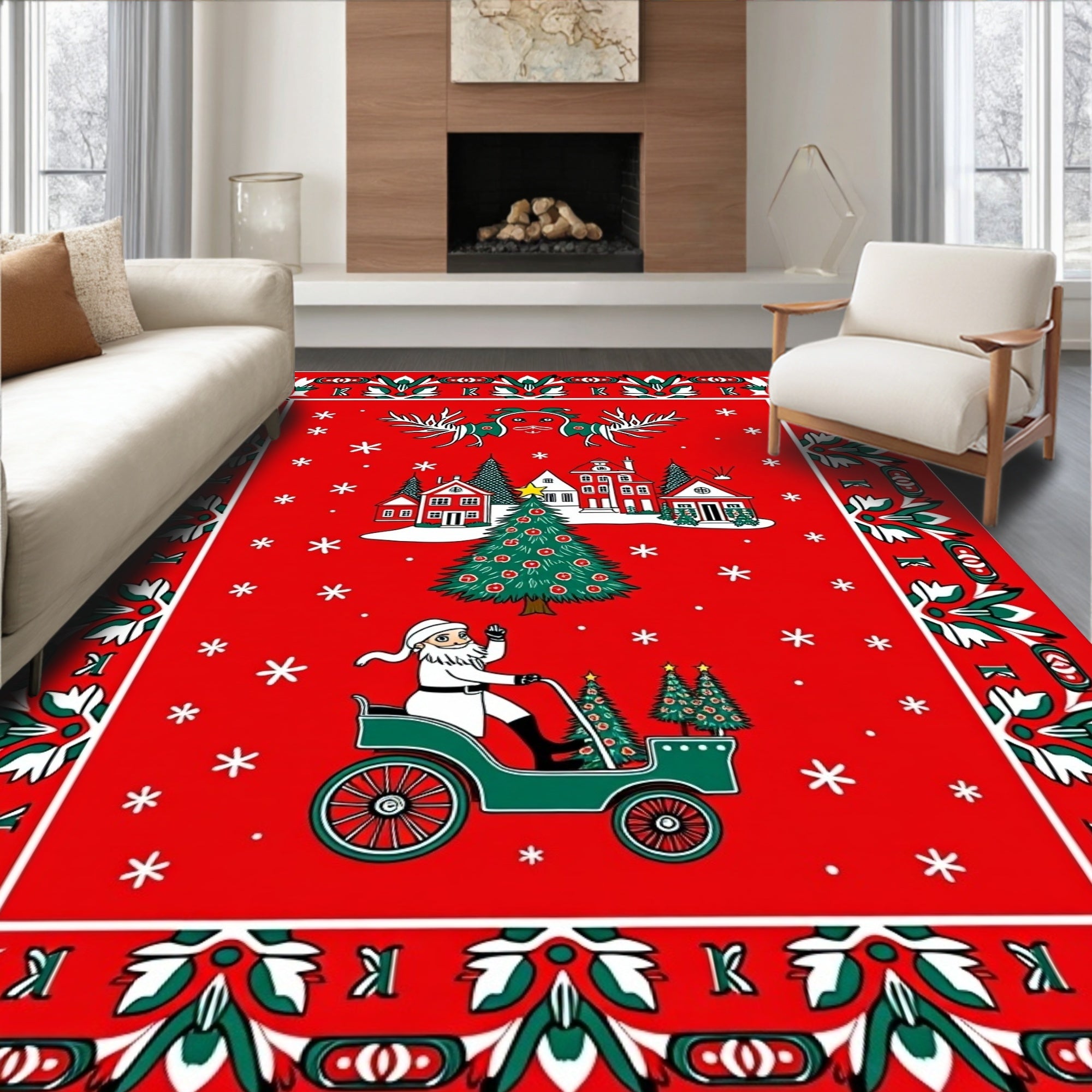 Christmas Village Santa Claus Driving Rug