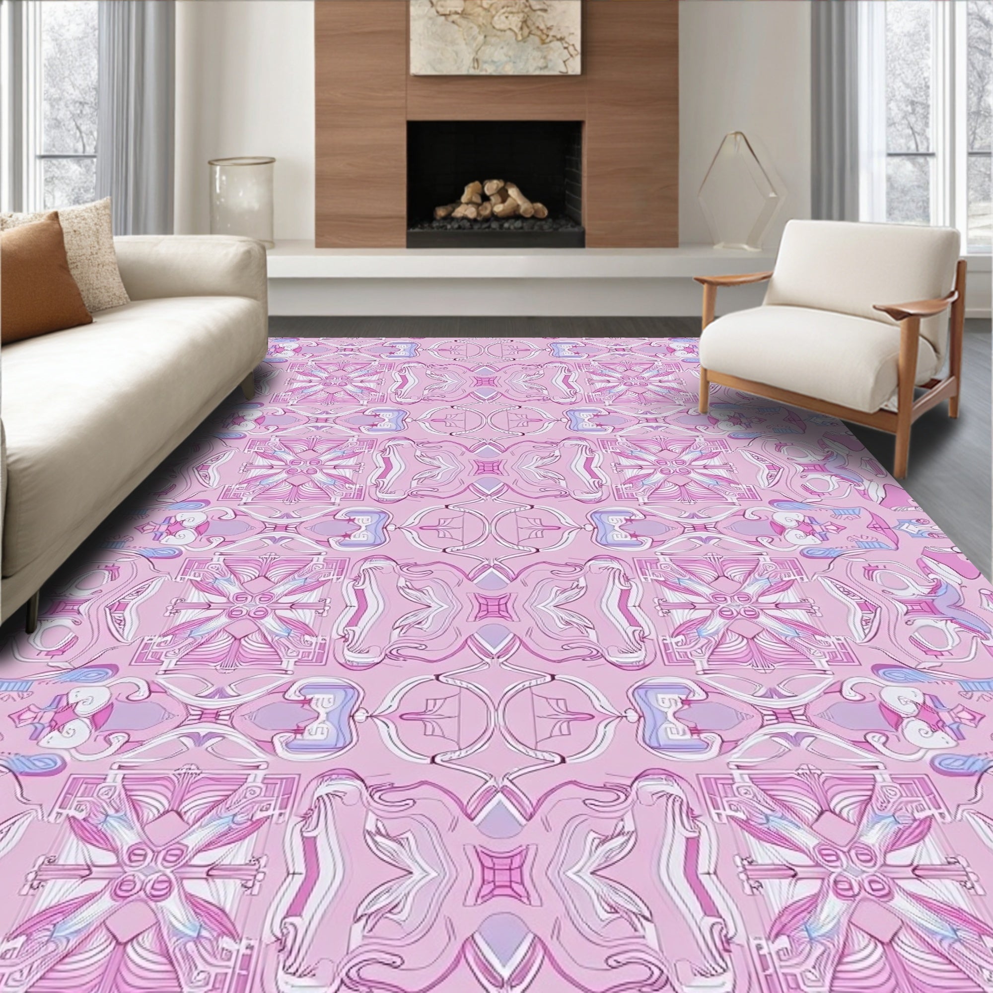 Whimsical Pink Floral Symmetry Rug