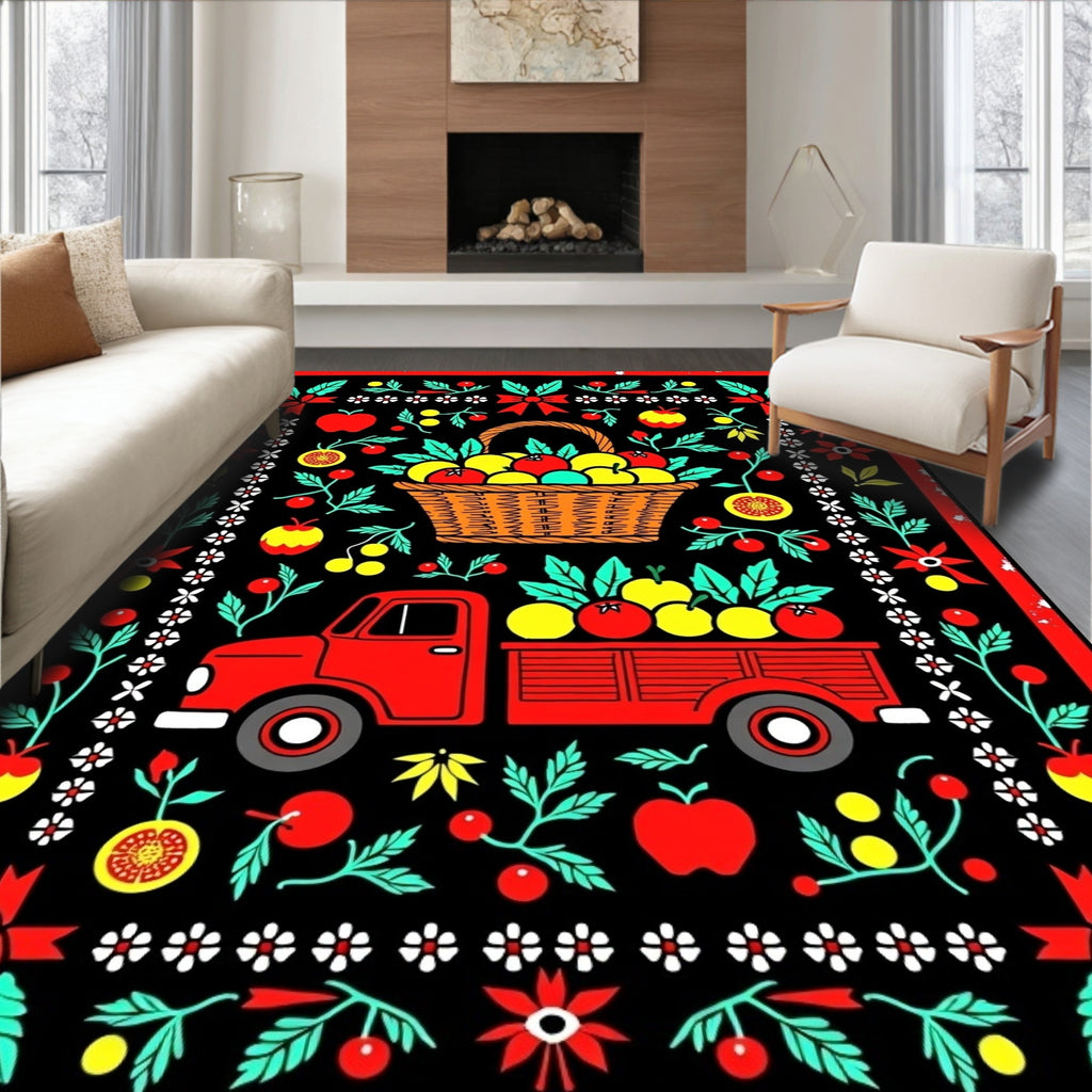 Red Truck Harvest Fruit Floral Border Rug
