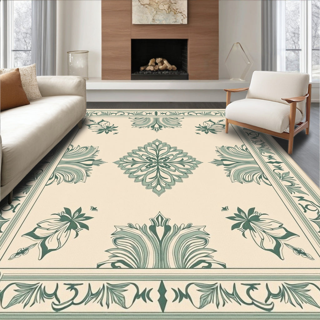 Cream Green Floral Medallion Border Rug