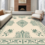 Cream Green Floral Medallion Border Rug