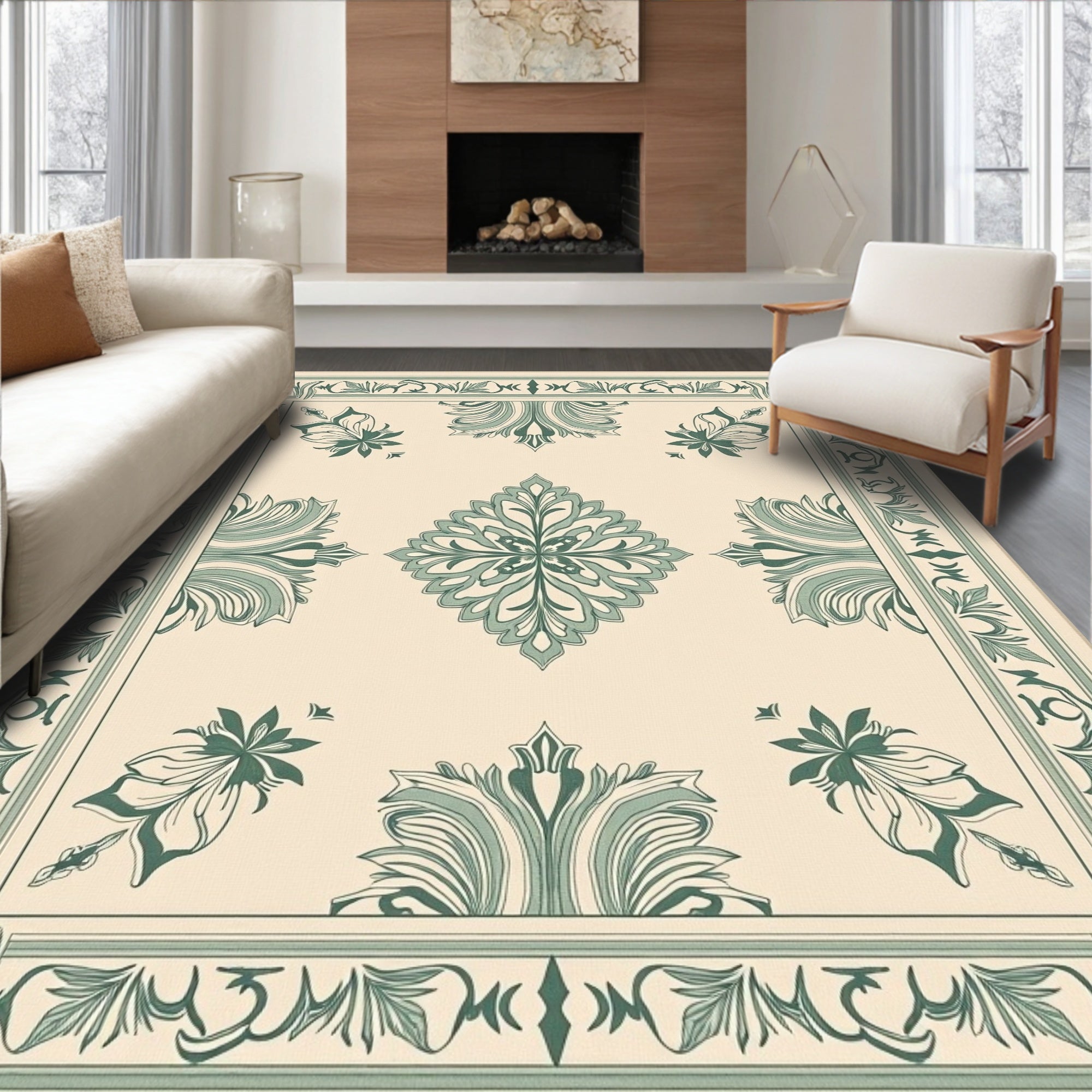 Cream Green Floral Medallion Border Rug