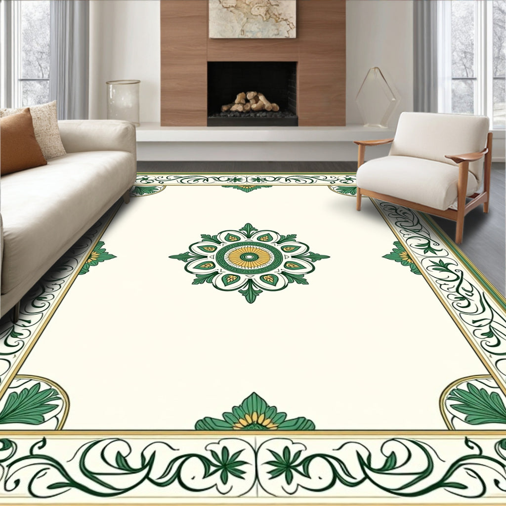 Green Gold Floral Medallion Border Rug