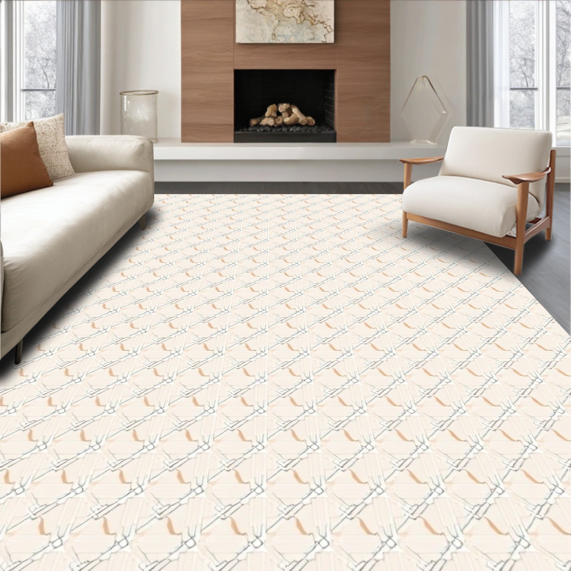 Cream Beige Interlocking Geometric Grid Rug