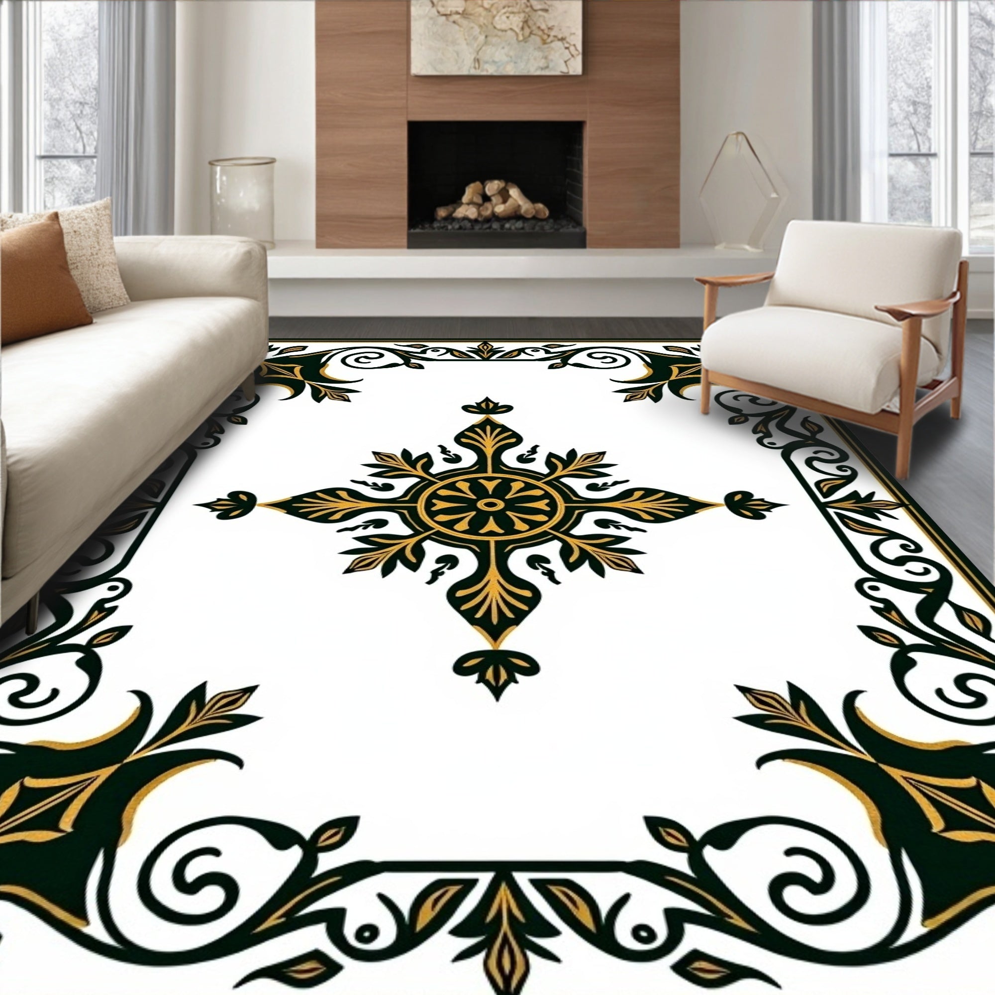 Elaborate Black Gold Scroll Medallion Rug