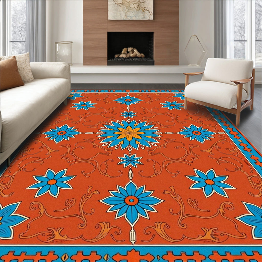 Crimson Orange Blue Floral Starburst Rug