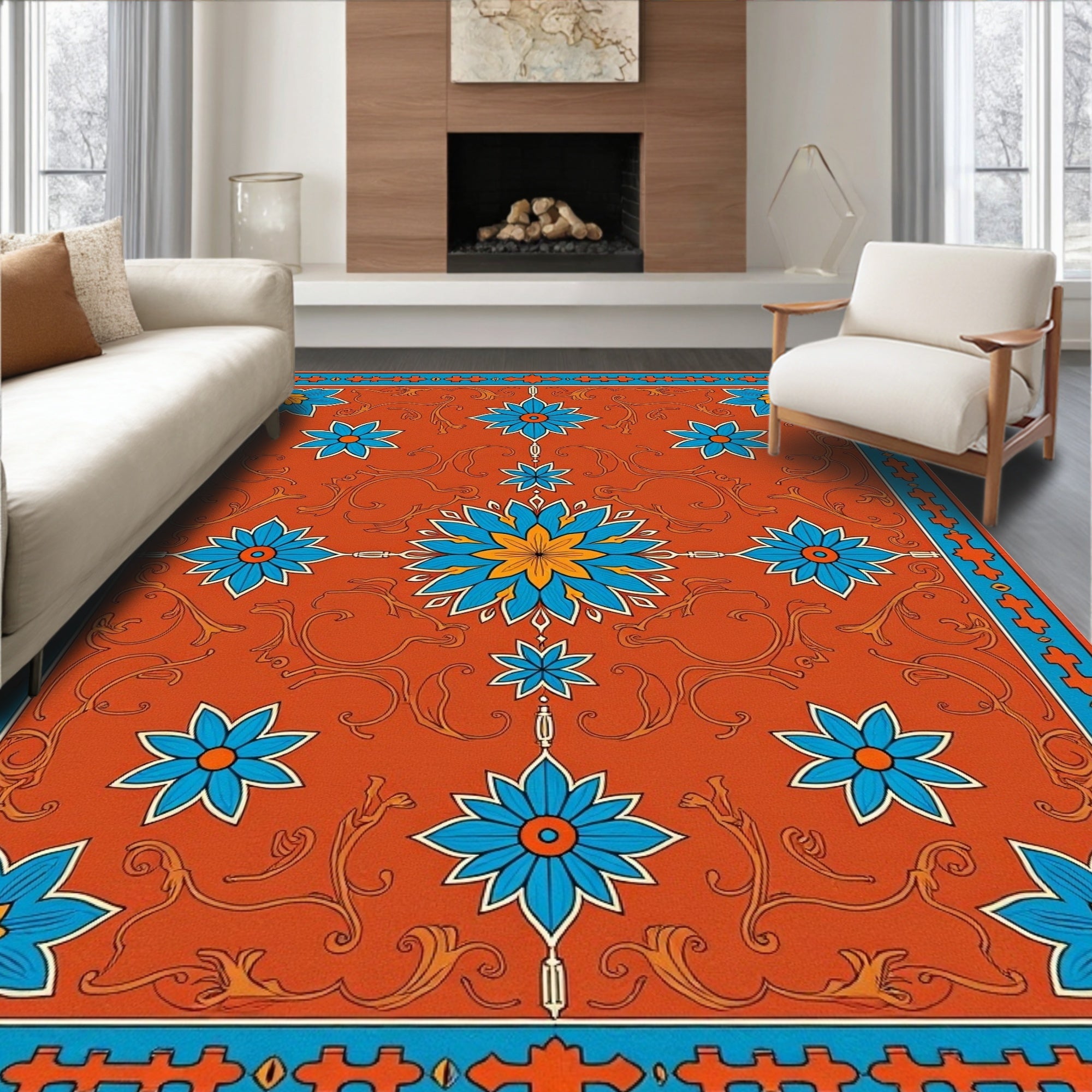 Crimson Orange Blue Floral Starburst Rug