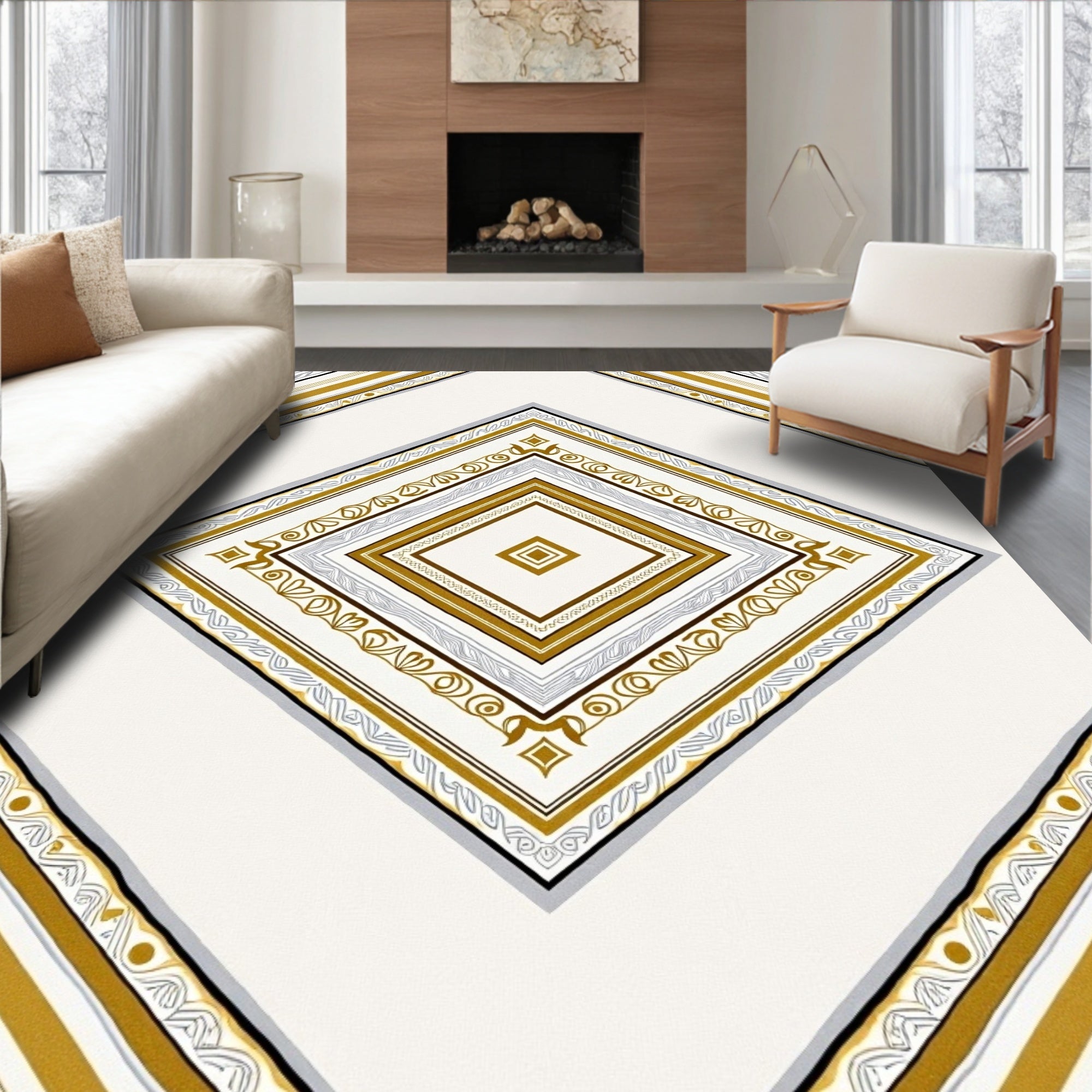 Golden Geometric Diamond Medallion Rug