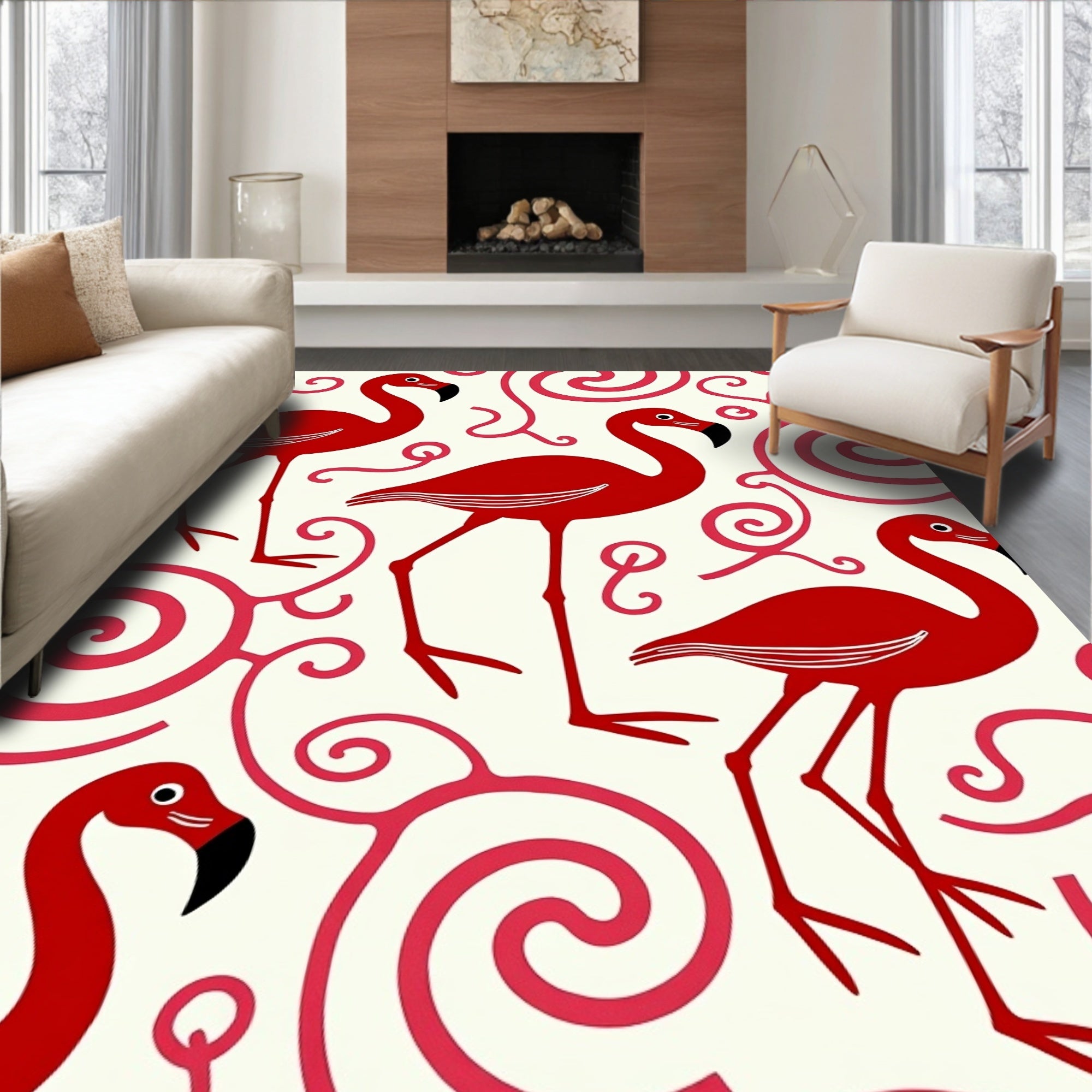 Crimson Flamingos with Pink Swirls Rug