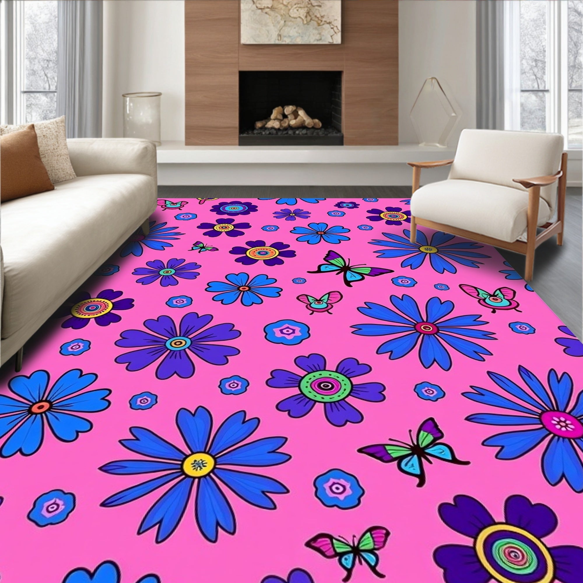 Pink Blue Floral Butterfly Garden Rug