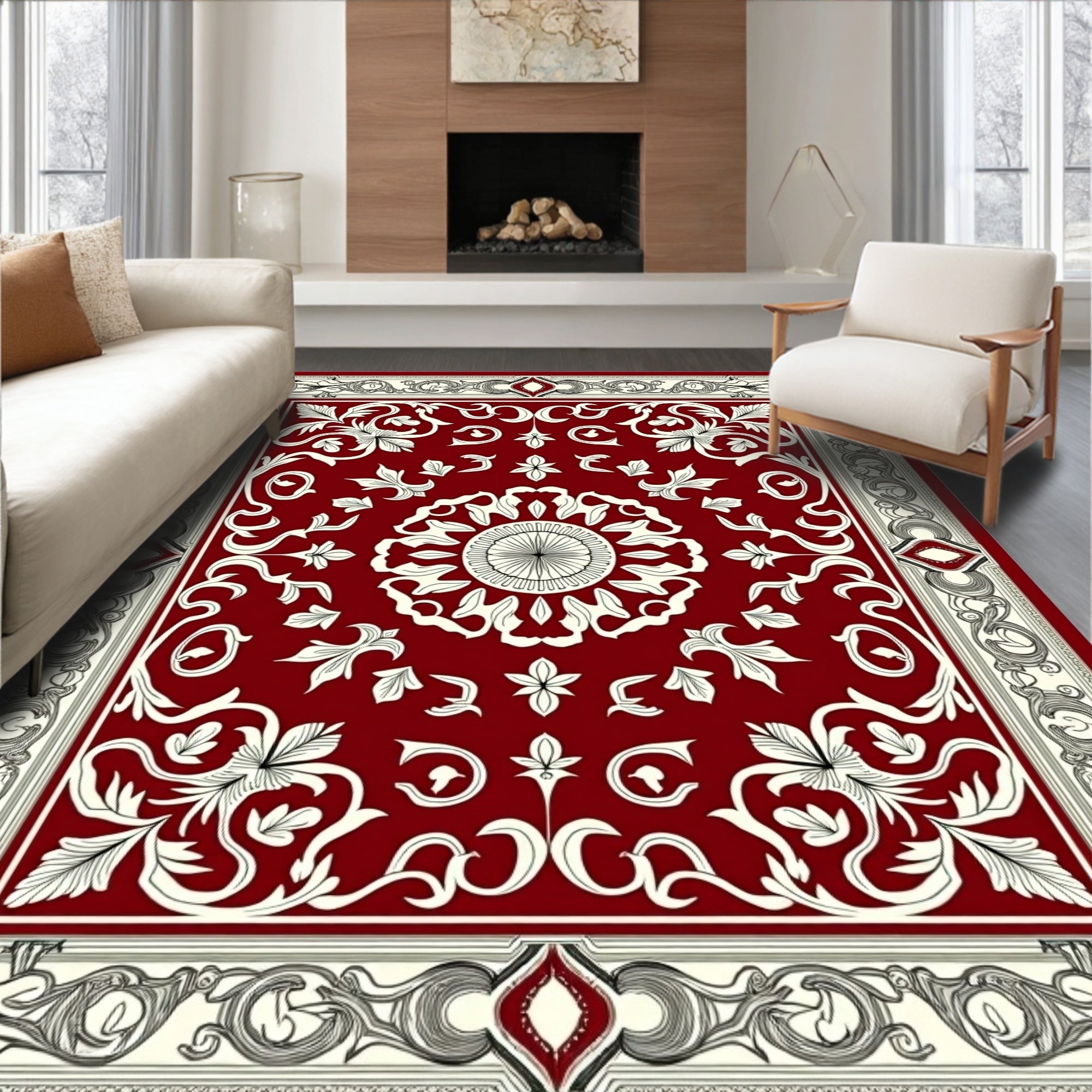 Ornate Crimson Blossom Border Rug