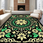 Bright Yellow Green Floral Mandala Black Rug