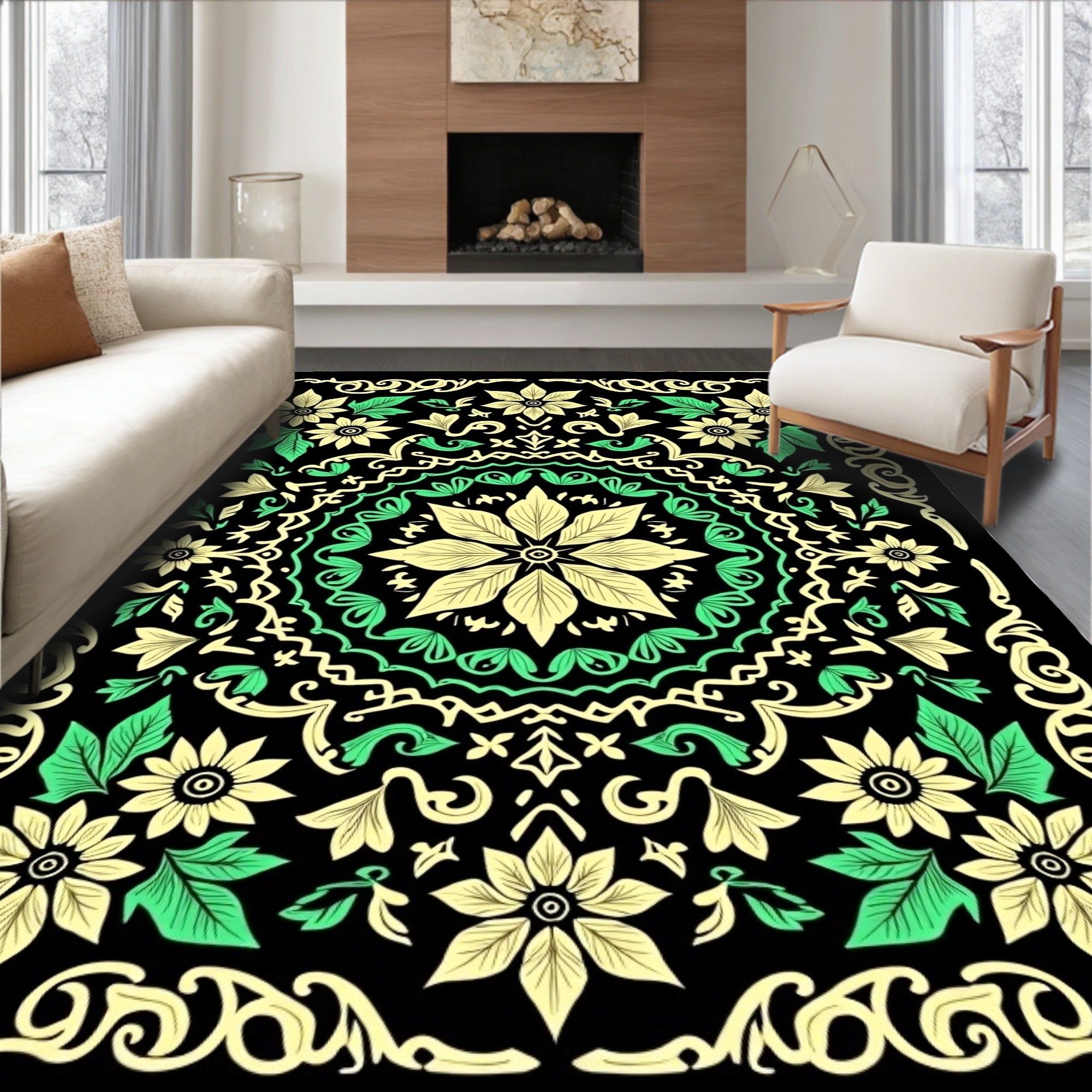 Bright Yellow Green Floral Mandala Black Rug