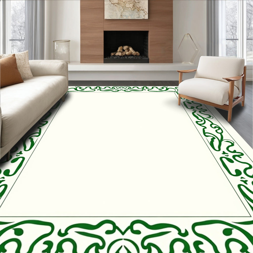 Elegant Emerald Art Nouveau Border Rug