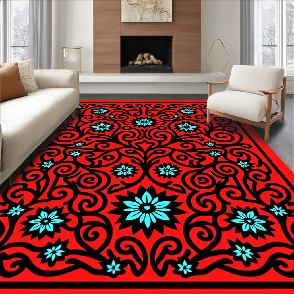 Red Black Teal Floral Swirl Harmony Rug