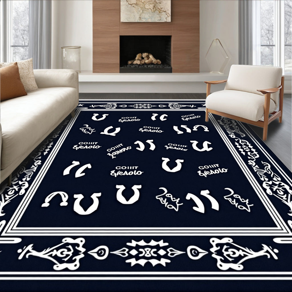Navy Blue Horseshoe Medallion Border Rug