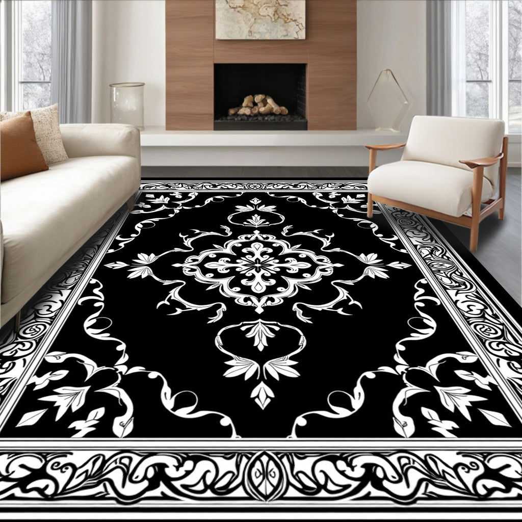 Elegant Black White Floral Medallion Border Rug
